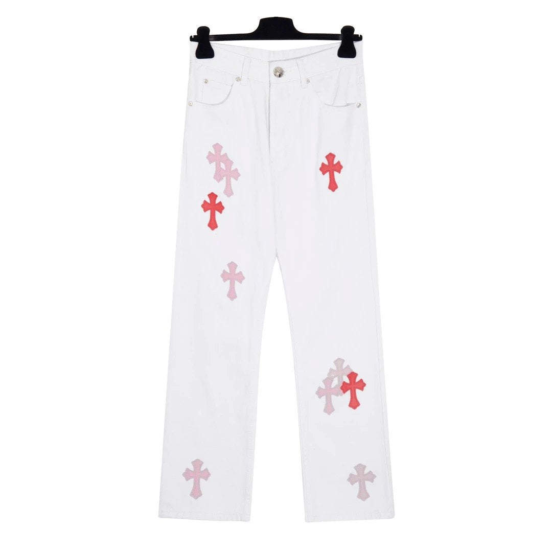 Chrome Hearts Jeans Cross Stitch Leather logo25ss Spring Summer New Straight Leg Jeans Unisex Slim Fit Long Pants Loose