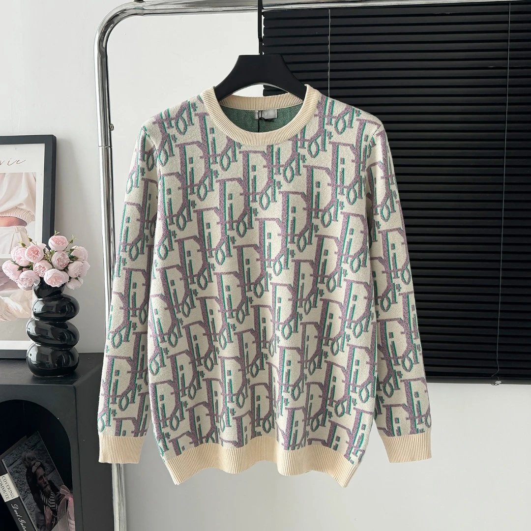 Dior Sweater Full Print logo round Neck Sweater25ss Spring New Thickened Long Sleeve Pullover Unisex OS Loose Fit Lazy Style Casual Outerwear Versatile Top