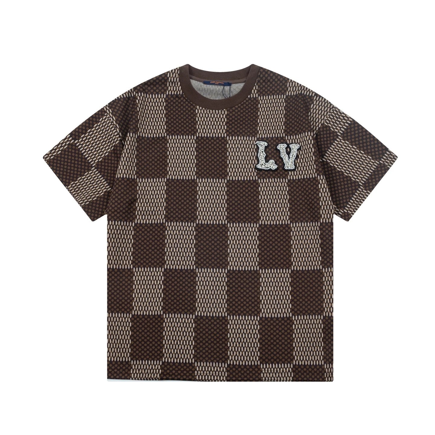 Louis Vuitton LV T-shirt Pearl Alphabet Checkerboard Large logo round Neck Short Sleeve25ss New Pure Cotton Unisex Style T T-shirt OS Loose Fit Base Shirt Half Sleeve T-Shirt Top Half Sleeve