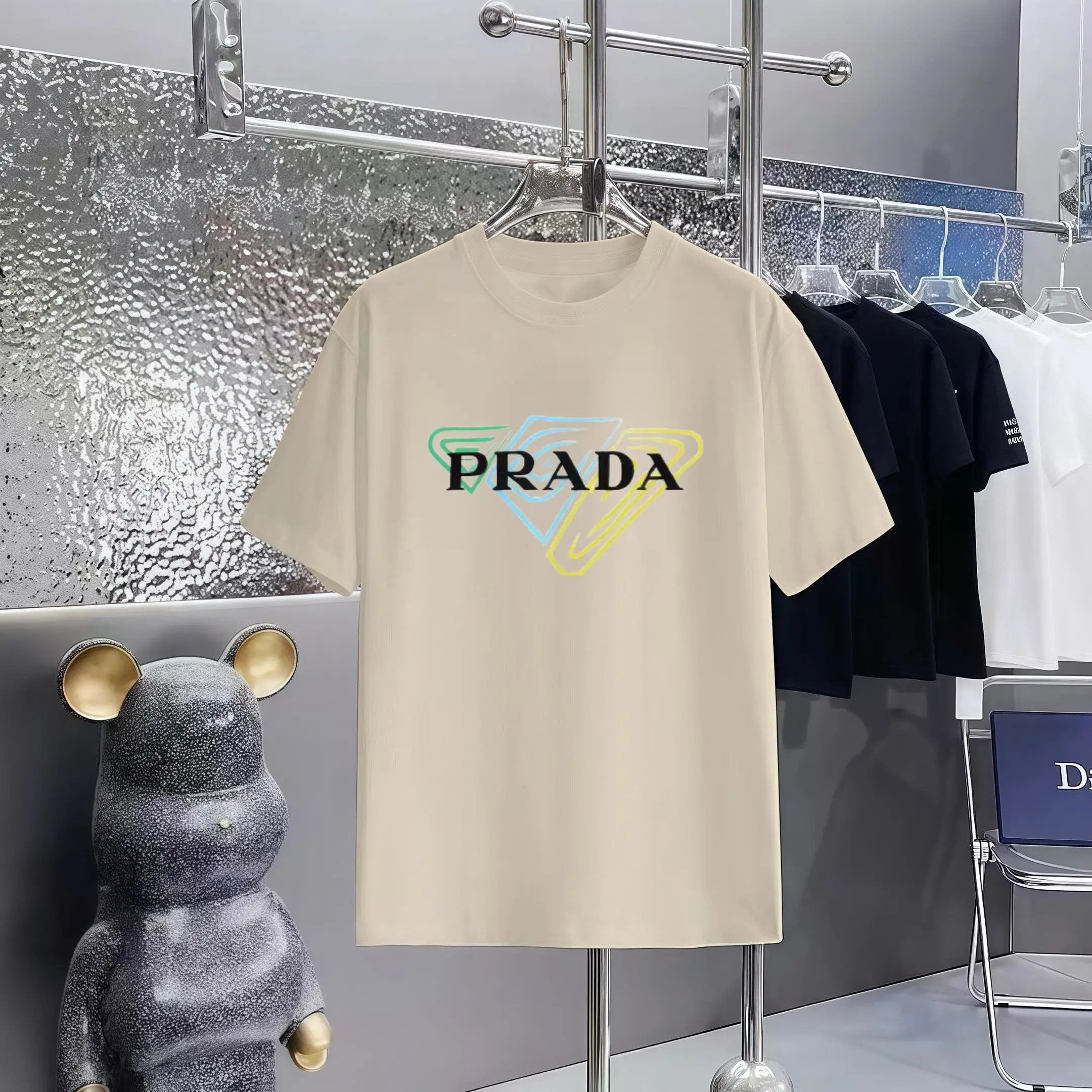 PRADA T-shirt Colorful Triangle Pattern Print on the Chest logo round Neck Short Sleeve25ss New Pure Cotton Unisex Style T T-shirt OS Loose Fit Base Shirt Half Sleeve T-Shirt Top Half Sleeve