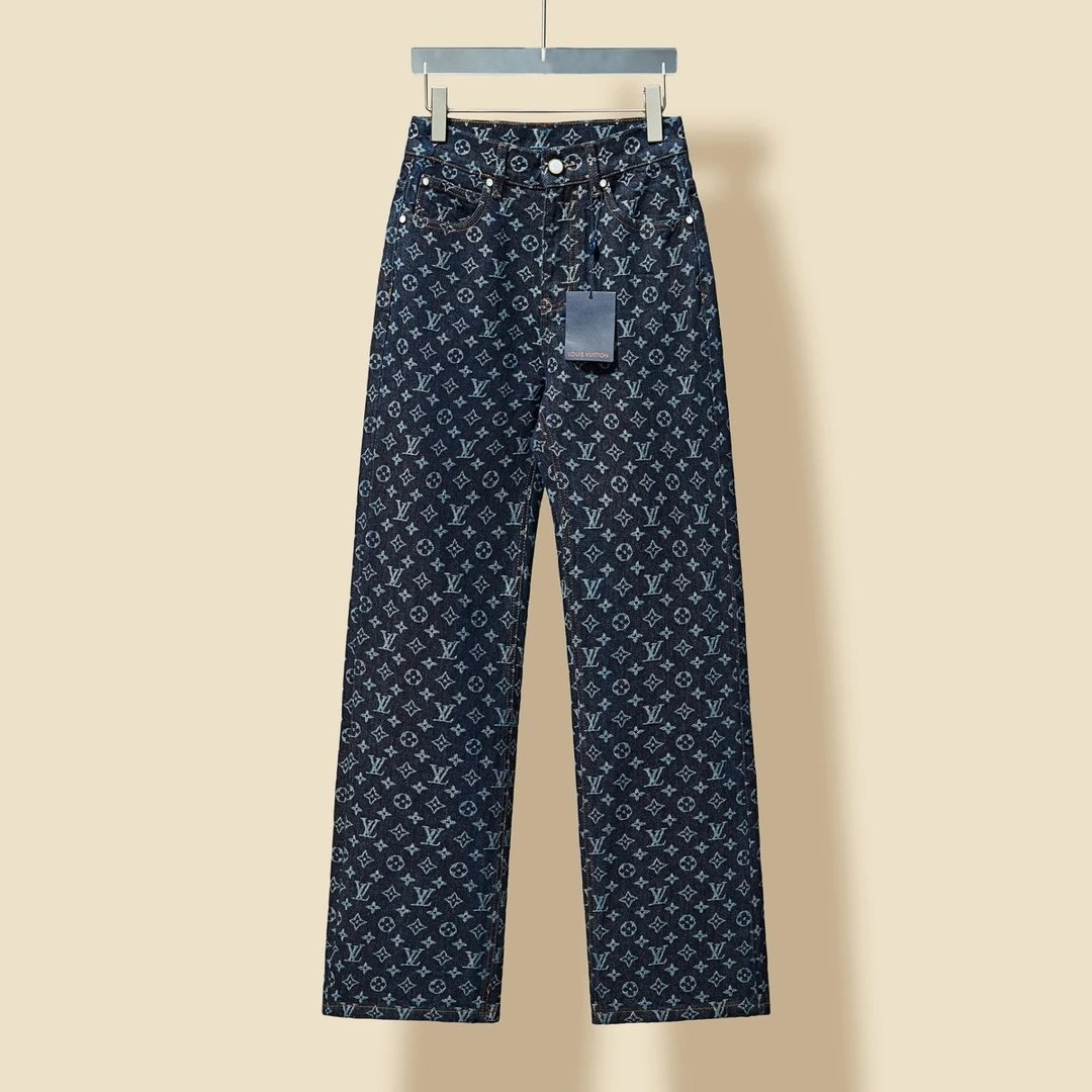 Louis Vuitton LV Jeans Full Print Monoqram Jacquard Pattern Heavy Pearl Button Straight Jeans Autumn Winter New Unisex Loose Casual Wide Leg High Waist Pants