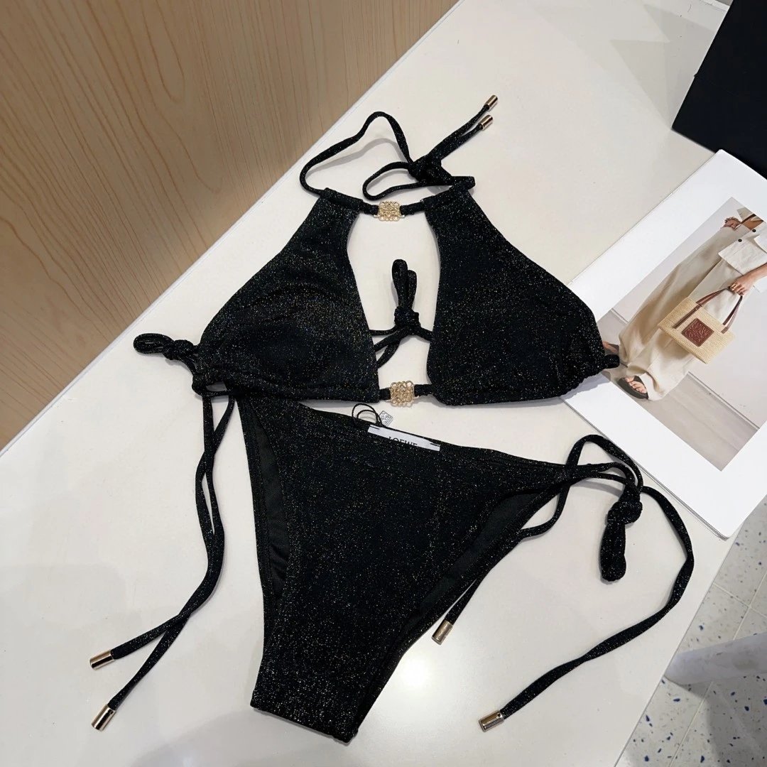 LOEWE Swimsuit Gold Label Letter Bikini Two-Piece Swimsuit Sexy Small Chest Gathered Beach Pool Vacation Hot Spring Backless White Women's Swimwear