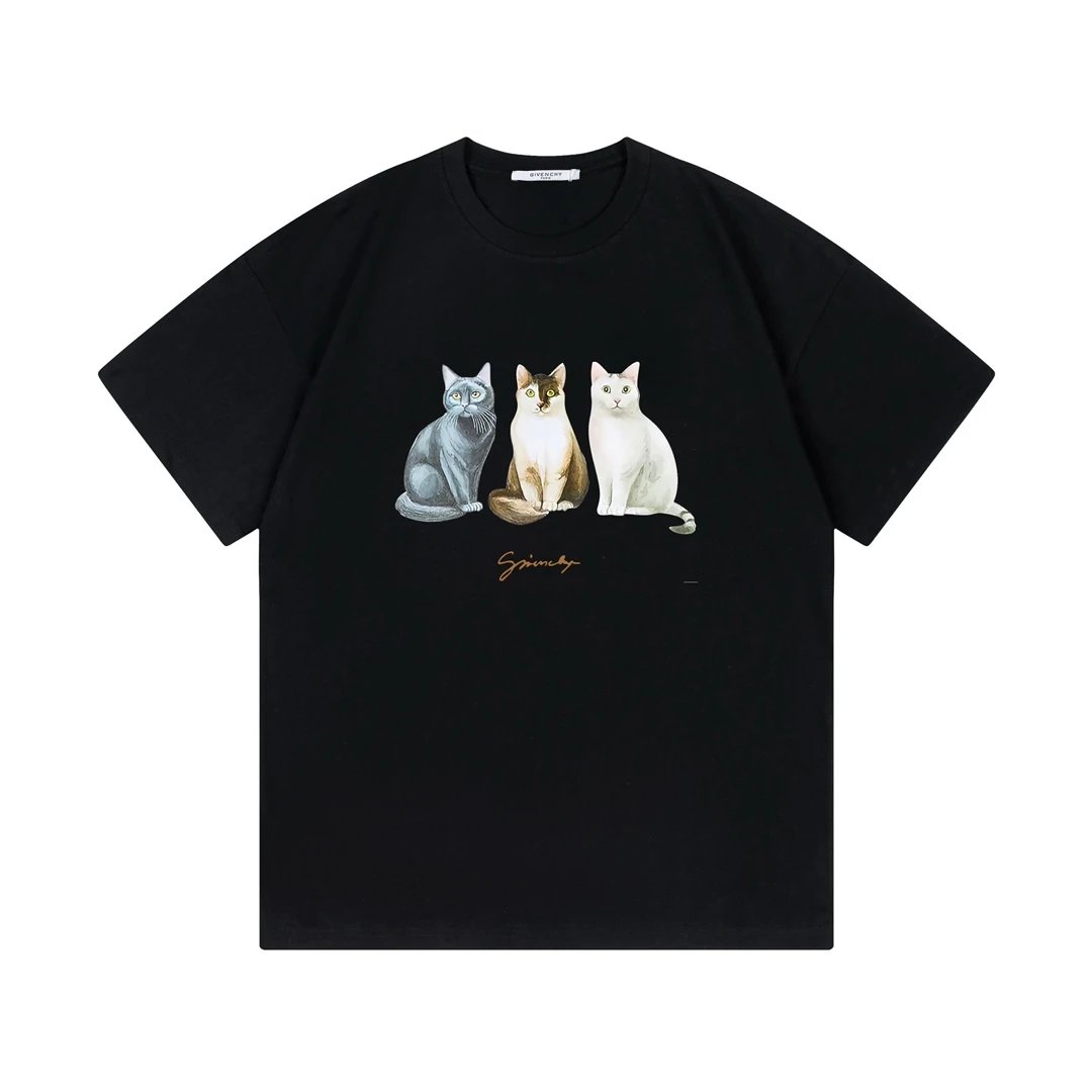 Givenchy T-shirt Three Cats Print on the Chest logo round Neck Short Sleeve25ss New pure cotton T Unisex T-Shirt OS Drop Shoulder Loose Fit Base Shirt Top T-Shirt Short Sleeve