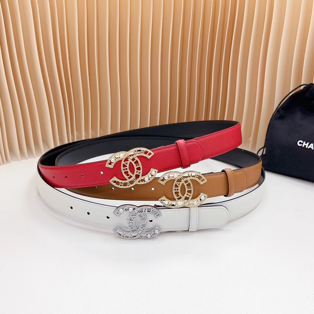 Chanel Belt Women's Belt Belt3.0cm Official Website New,Double-Sided Head Layer Cowhide Leather,Length:.75.80.85.90.95.100Europe,Copper Hardware Drill Buckle Original Mold Opening Customization