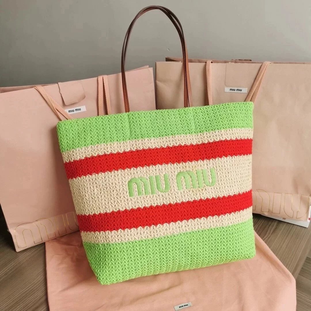Miu Miu Bag Top version 【Original Custom】New Product Import Lafite Straw Woven Cotton Woven Tote Bag Beach Bag Shopping Bag Mother Bag Woven Bag5BG228The Only Pair of Quality Front Iconic Embroidery in the Market,Extra Light Capacity Super Large Mummy Bag
