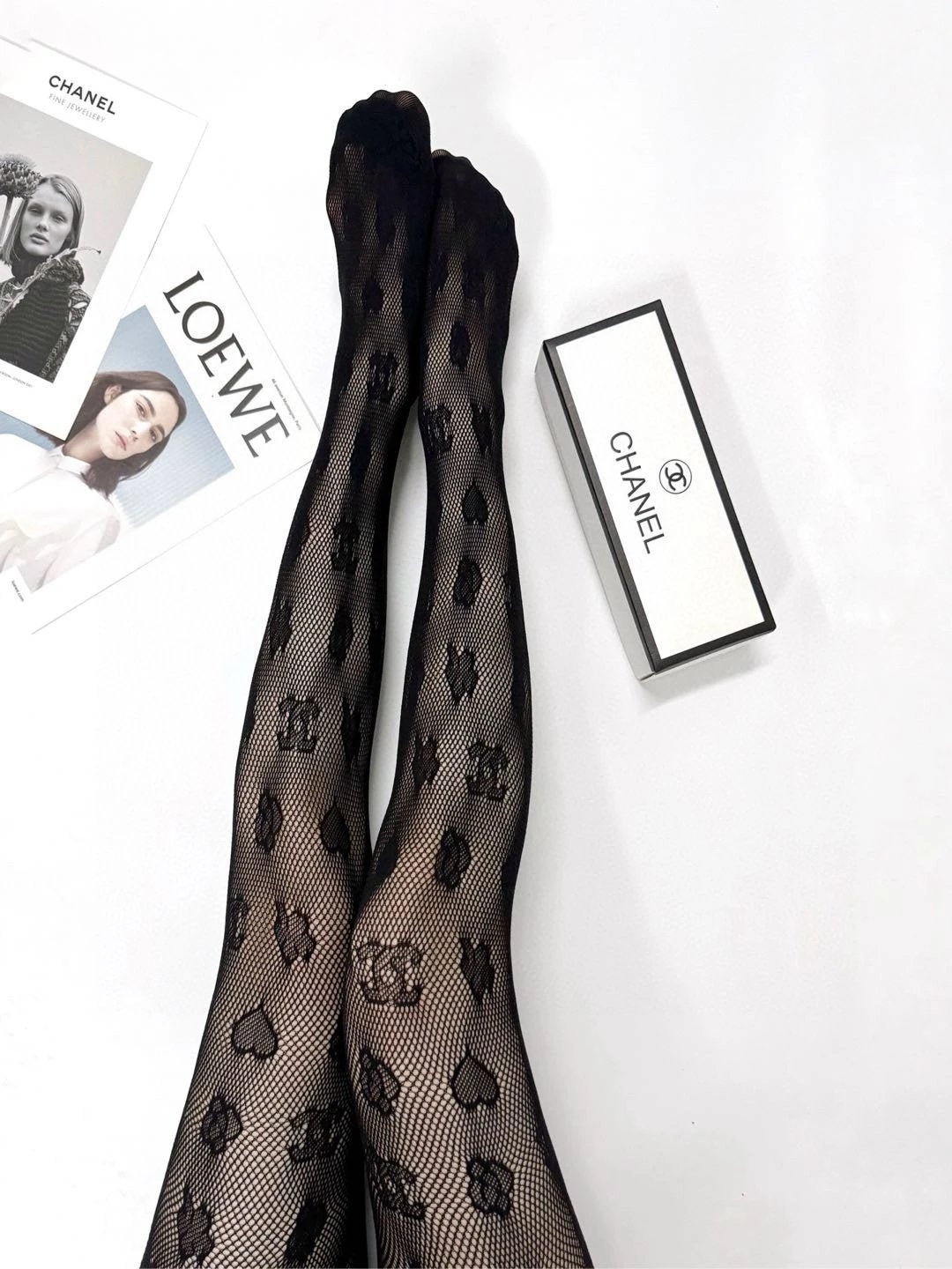 Chanel Sock【One box, one pair】Full-width Floral logo Trendy Breathable Fishnet Tights25ss New Cotton Socks Spring Summer Autumn Thin Business Deodorant Sweat-Absorbing Sports Casual Versatile