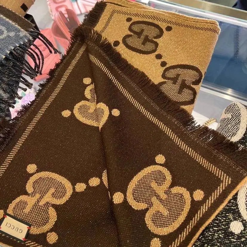 Gucci Scarf Large logo Printed Caramel Wool Silk Double-Sided Scarf Shawl Scarf
