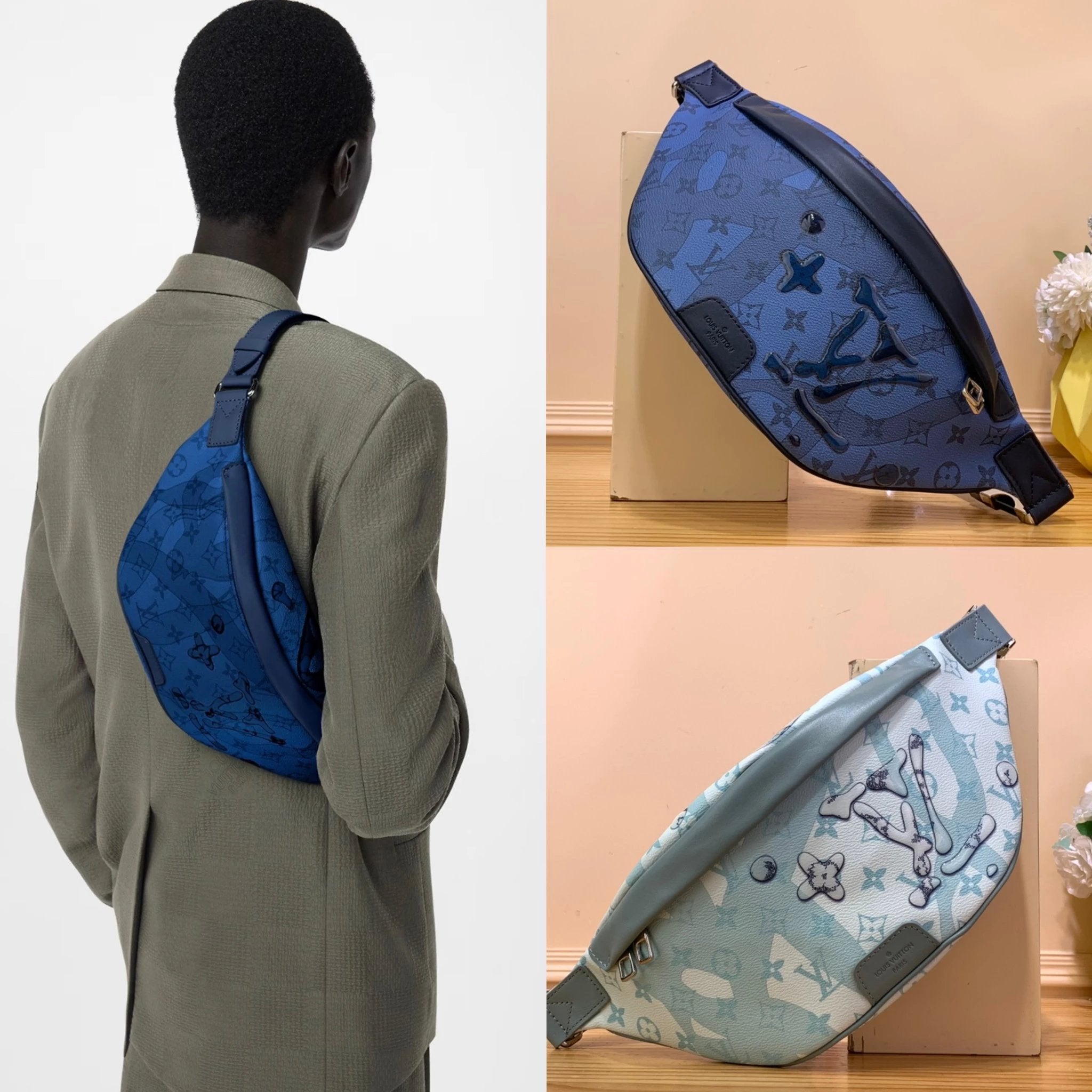 Louis Vuitton LV Men's Bag Top version 【】M22576Blue Green Water Drop Ink DISCOVERY Waist Bag Chest Bag Men's Messenger Bag