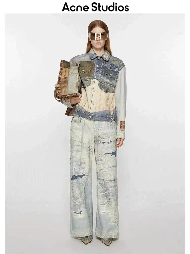 Acne Studios Jackets Top Version New Casual3D Printed Retro Patchwork Faded Printed Cotton Denim Coat for Men and Women