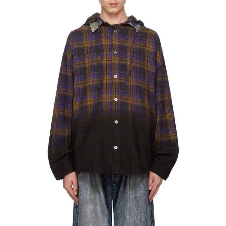 Acne Studios Shirt Top Version Denim Stitching Gradient Plaid Men's and Women's Same Large Profile Hooded Shirt