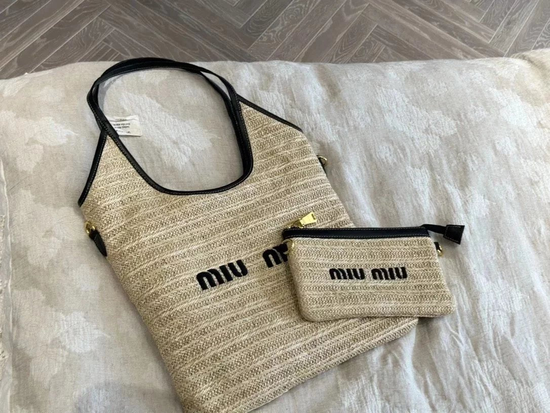 Miu Miu Bag Top version MIUMIU MiaoMiao Women's Bag2024Spring and Summer New IVY Straw Woven Vertical Shopping Bag hobo Tote Bag Underarm Bag Shoulder Handbag Mother and Child Bag