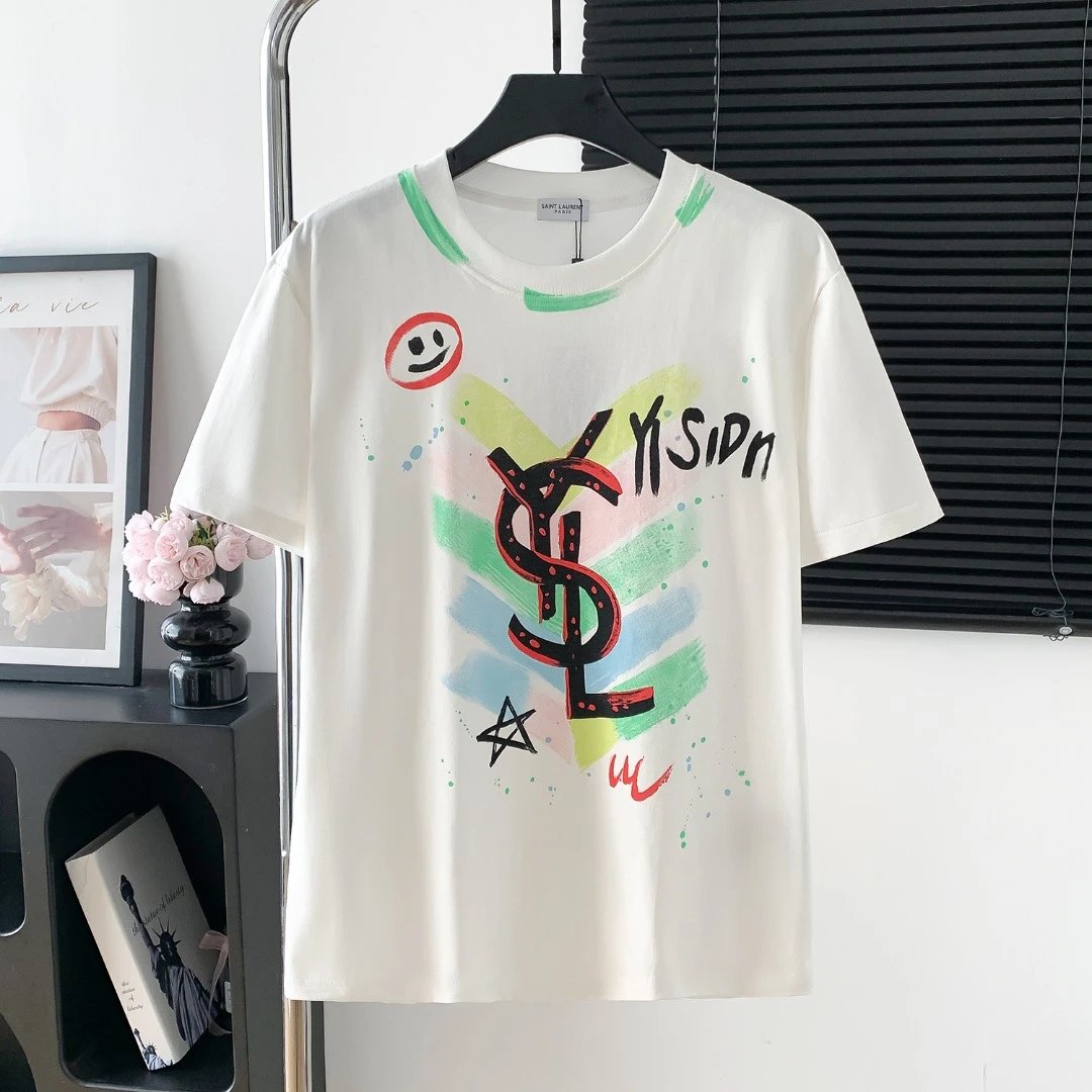 YSL T-shirt Chest Graffiti Hand-drawn Pattern Print logo round Neck Short Sleeve25ss New Pure Cotton Unisex Style T Casual T-Shirt Base Layer Shirt OS Loose Fit Half Sleeve Top Plus Size