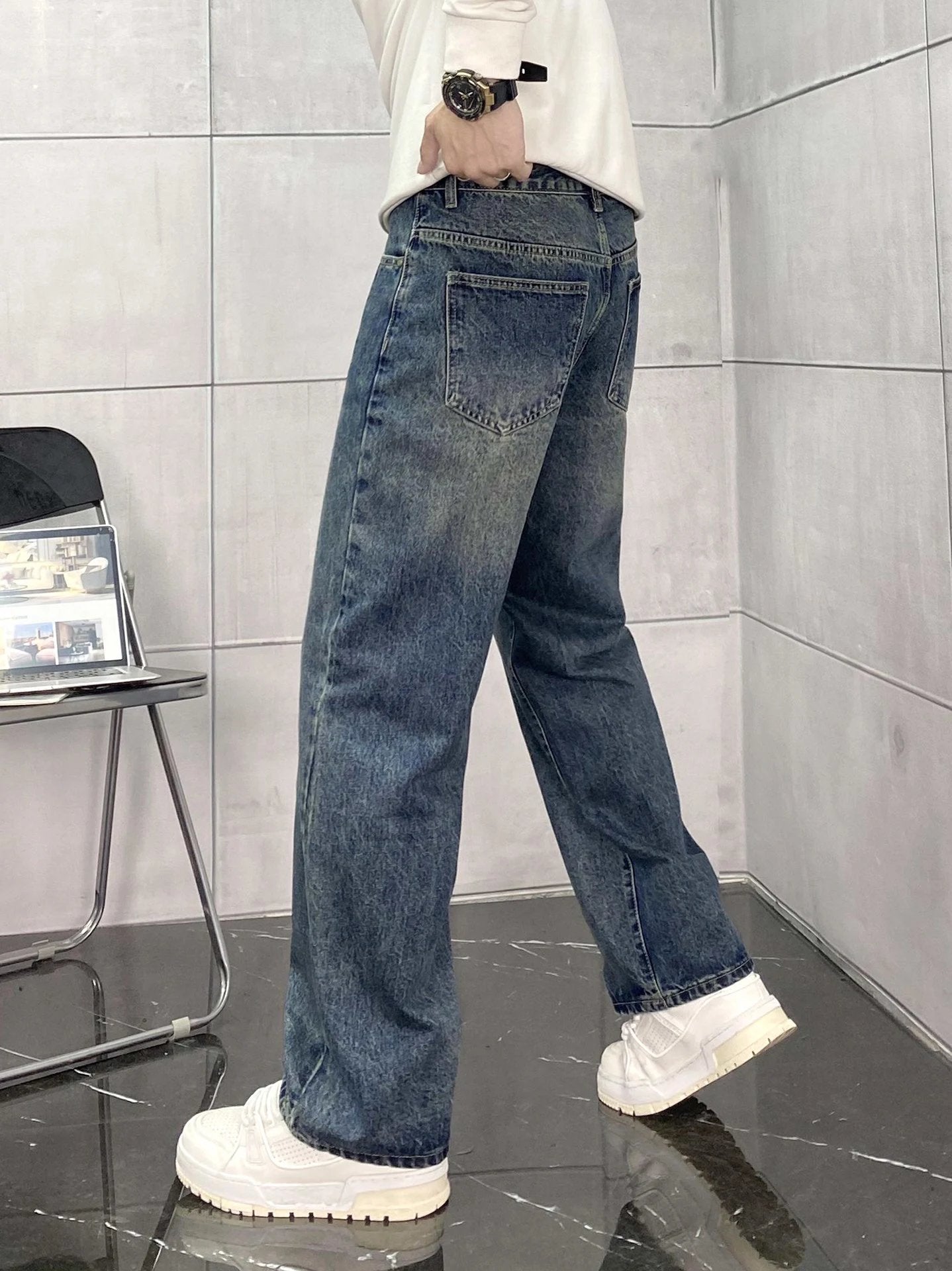 Armani Jeans Back Waist Leather Tag logo Straight Washed Blue Jeans Autumn Winter New Unisex Loose Casual Wide Leg High Waist Pants