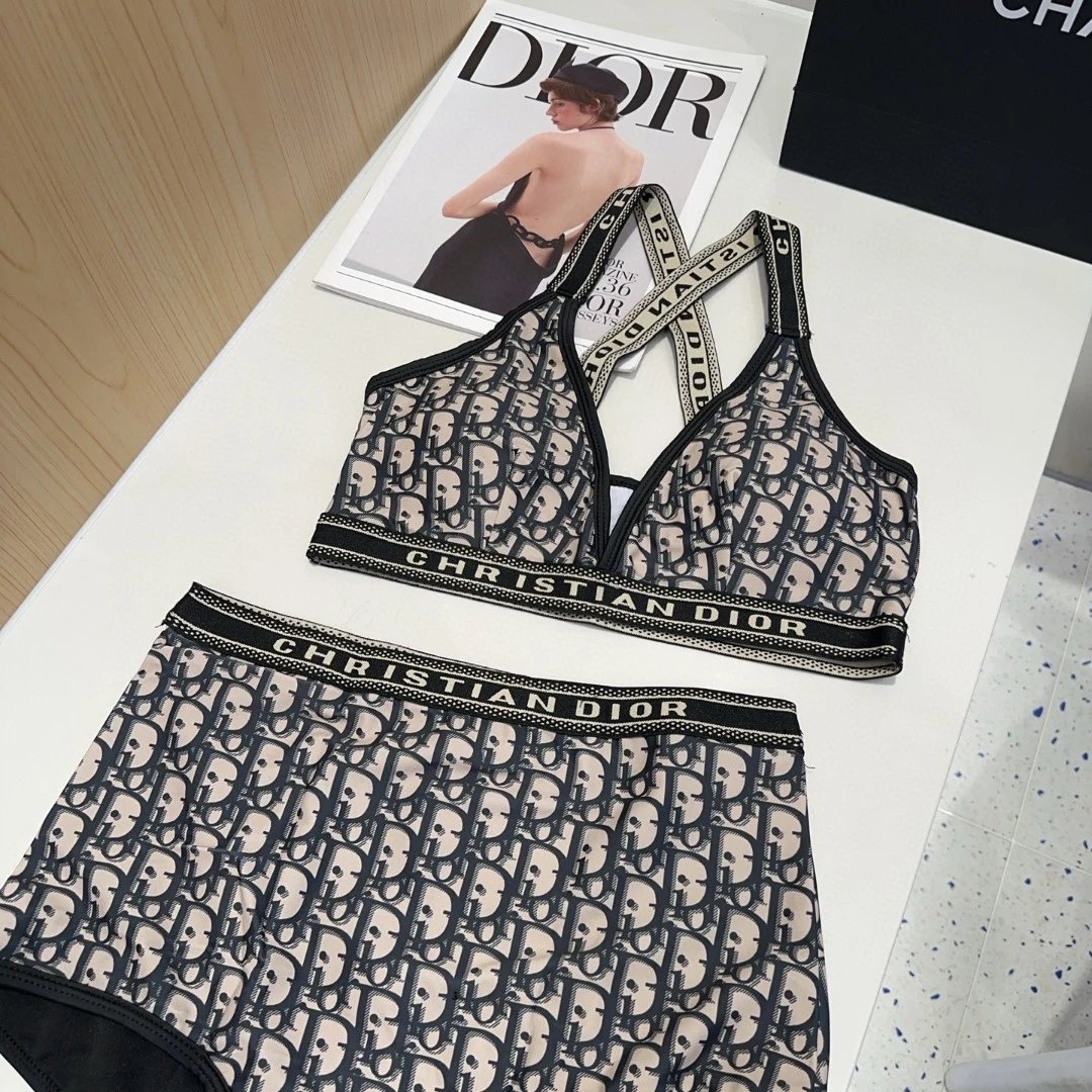 Dior Swimsuit Full-Length Letter Print Bikini Two-Piece Swimsuit Sexy Small Chest Gathered Beach Pool Vacation Hot Spring Backless White Women's Swimwear