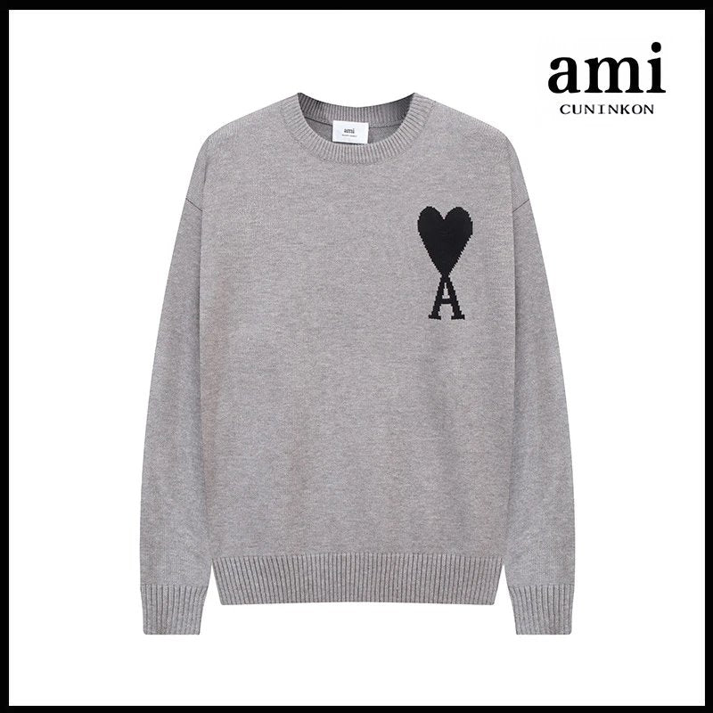 Ami Sweater Knitwear Classic round Neck Big Heart Jacquard Pullover Sweater Loose and Idle Sense Casual Couple Outfit-CY