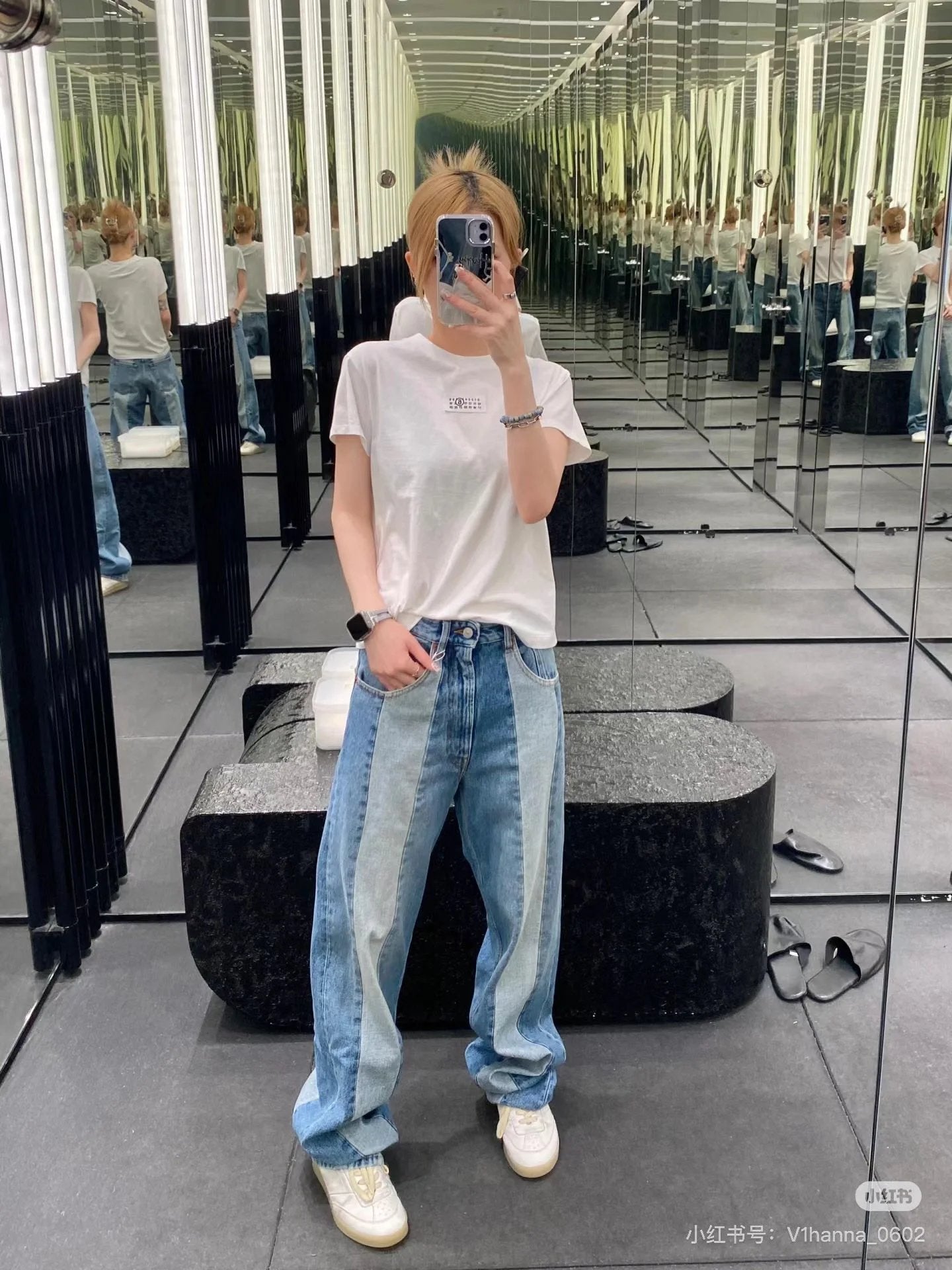 Maison Margiela Jeans Patchwork Color Denim Straight-Leg Pants for Women Versatile Casual