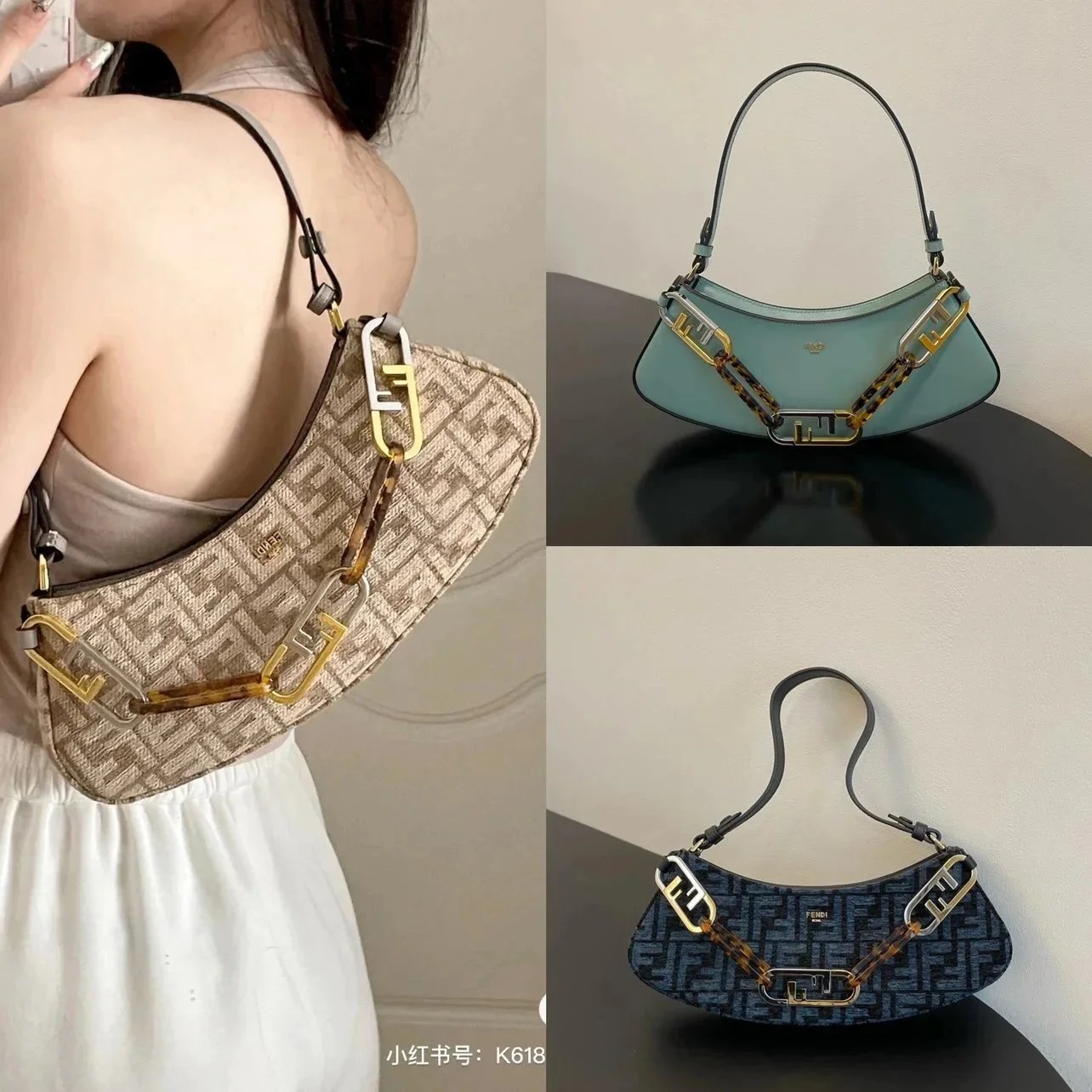 FENDI Women's Bag Top version New Presbyopic Hawksbill hobo Handbag O'LockSwing Double F Chain Bag High Sense Niche Fashion All-Match Portable Shoulder Bag Underarm Bag