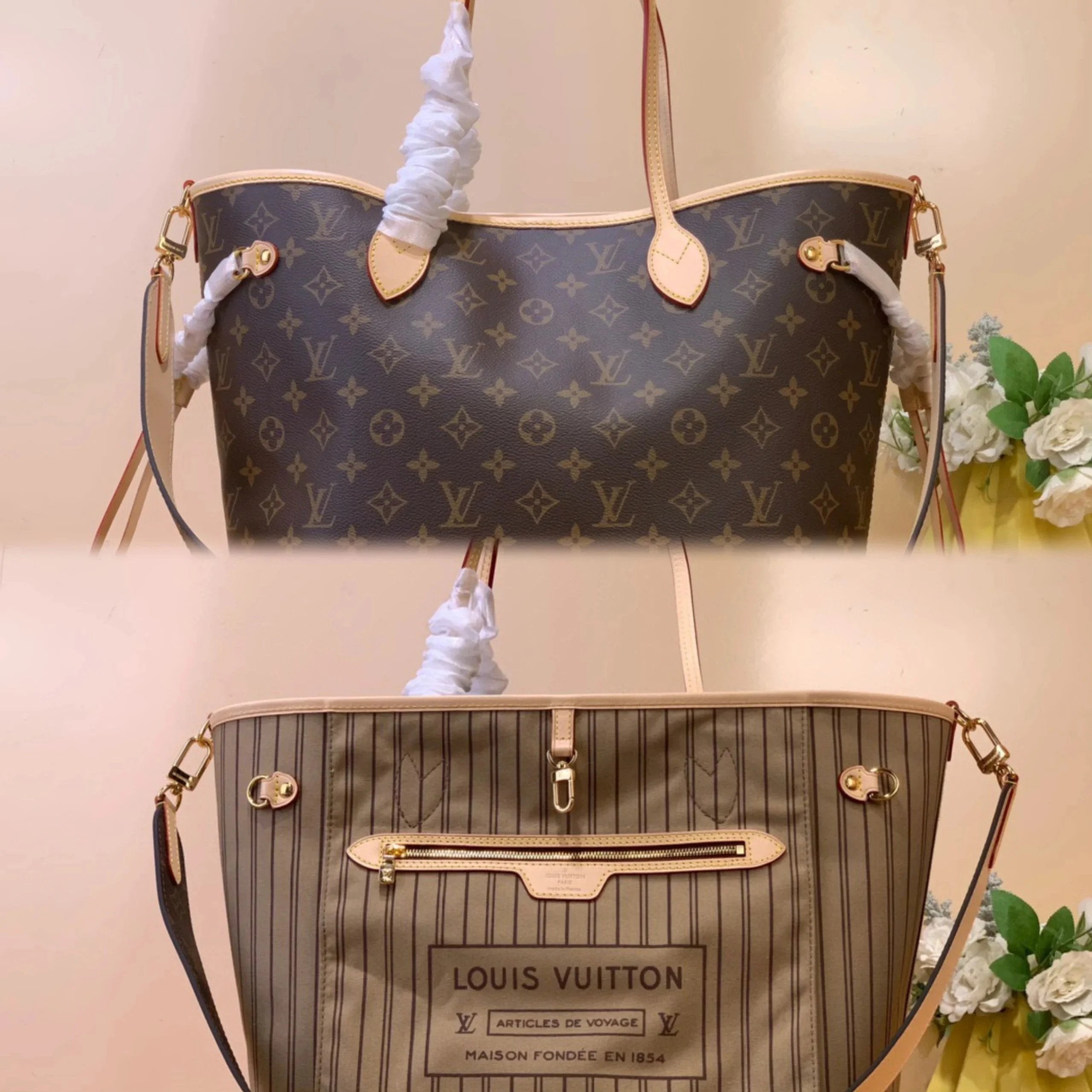 Louis Vuitton LV Women's Bag Top version 【NEVERFULLBANDOULIEREINSIDEOUT Medium Handbag】M12257Presbyopic/Rose Red M11947Presbyopic/Yellow M12096Presbyopic/Red(Double-Sided)Handbag Shoulder Bag Mummy Bag Shopping Bag Women's Bag