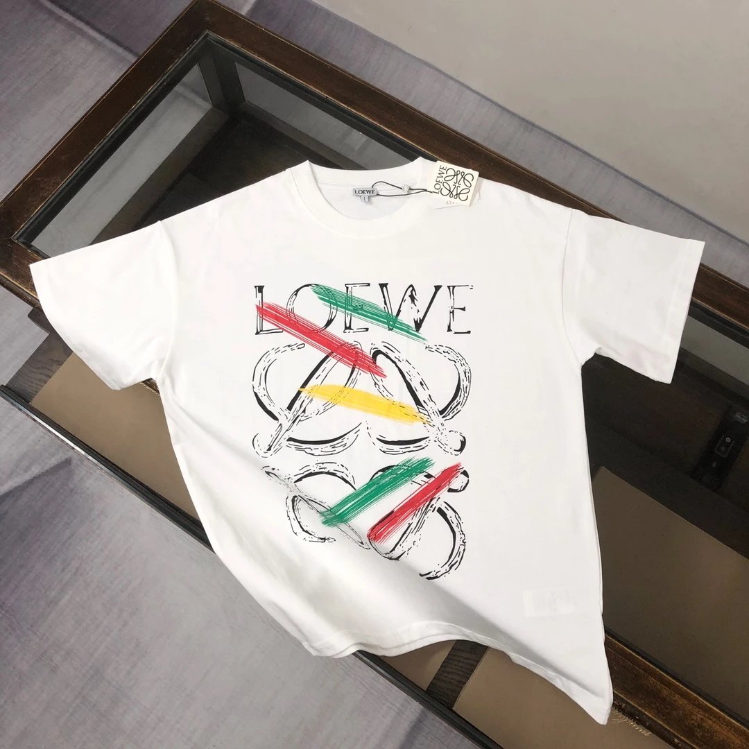 LOEWE T-shirt Hand-drawn Pattern Print on the Chest logo round Neck Short Sleeve25ss New pure cotton T Unisex T-Shirt OS Drop Shoulder Loose Fit Base Shirt Top T-Shirt Short Sleeve