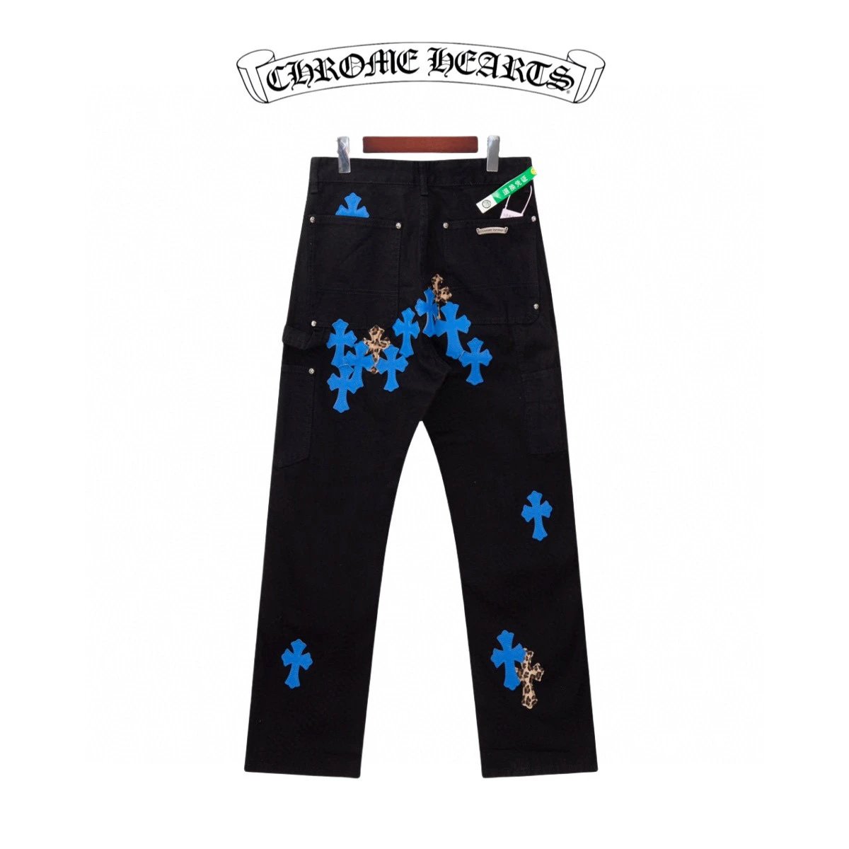 Chrome Hearts Jeans Klein Blue Cross Leather Patchwork logo25ss Spring Summer New Straight Leg Jeans Unisex Slim Fit Long Pants Loose