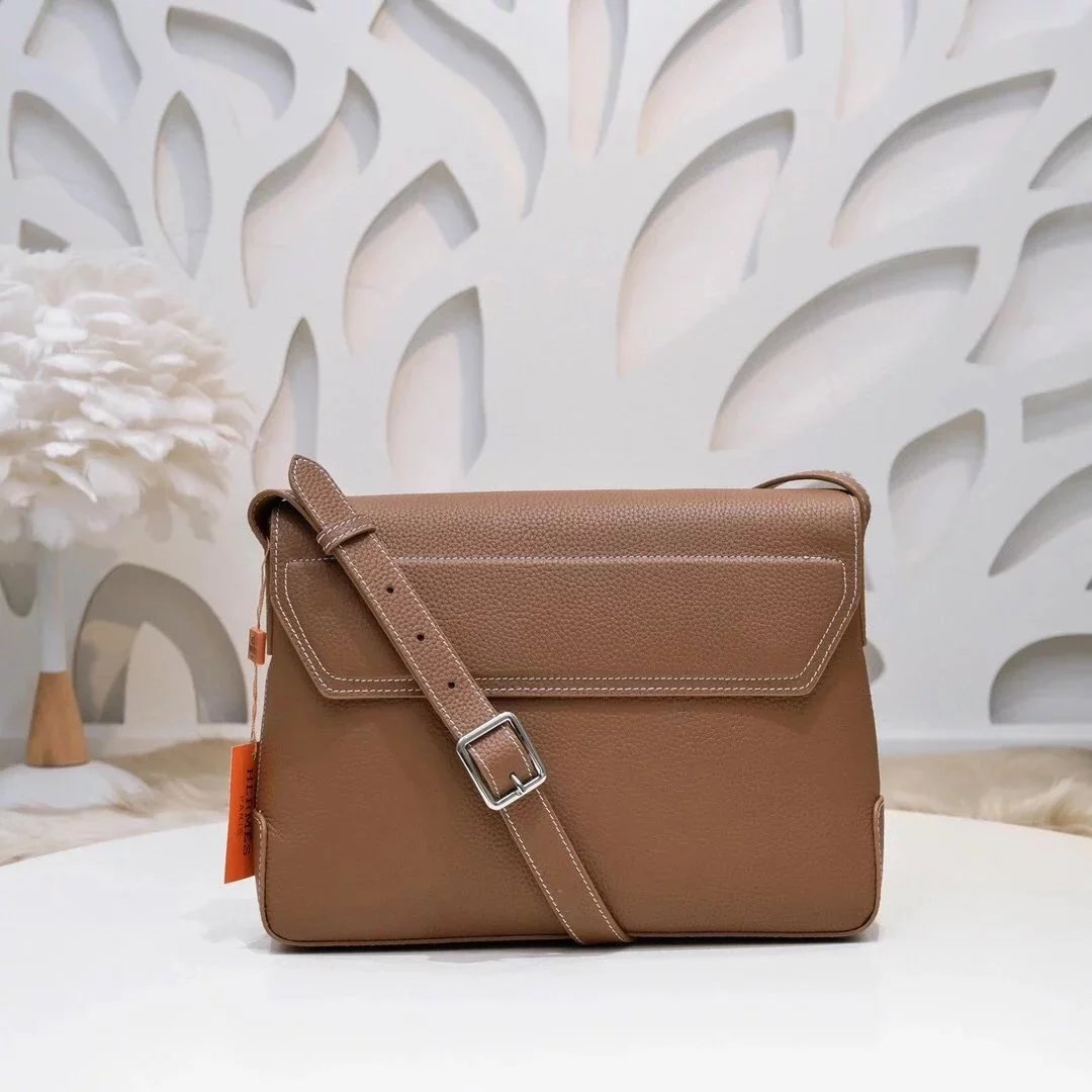 Hermes men's bag Top version Genuine Goods Grade New Classic Men's Fashion Flap Bag Crossbody Bag Men's Casual Shoulder Bag Men's Bag First Layer Cowhide Handbag Khaki Full Leather Black Canvas Handmade Big Bag