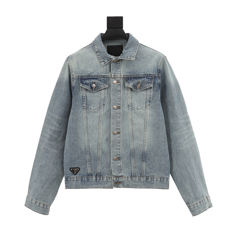 PRADA Jackets Triangle Mark Washed Denim Jacket Same Style for Men and Women