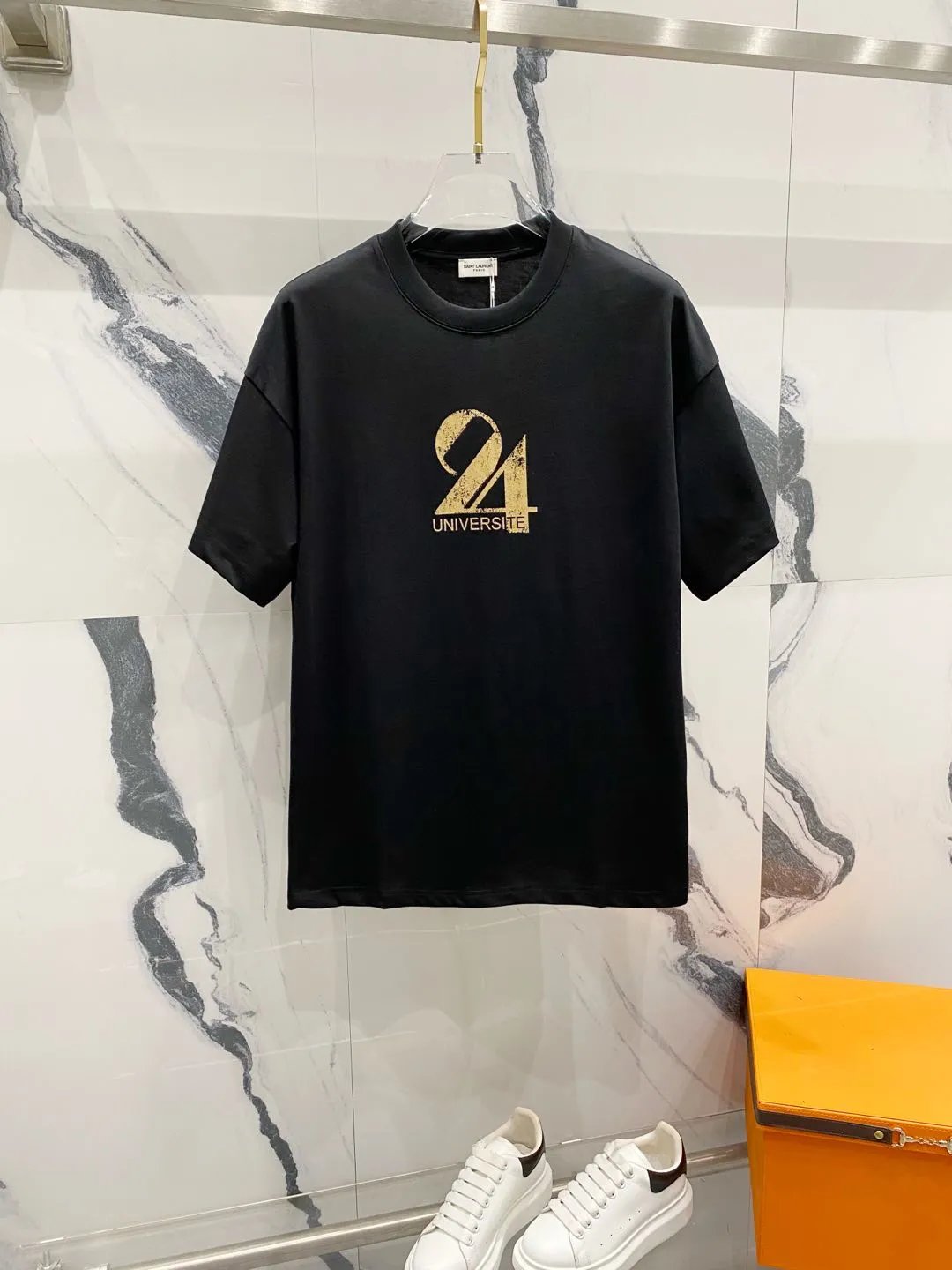 YSL T-shirt Gold Stamped Numbers24Letter Number LOGO Printed round Neck Short Sleeve25ss New Pure Cotton Unisex Style T T-shirt OS Loose Fit Base Shirt Short Sleeve T-Shirt Top