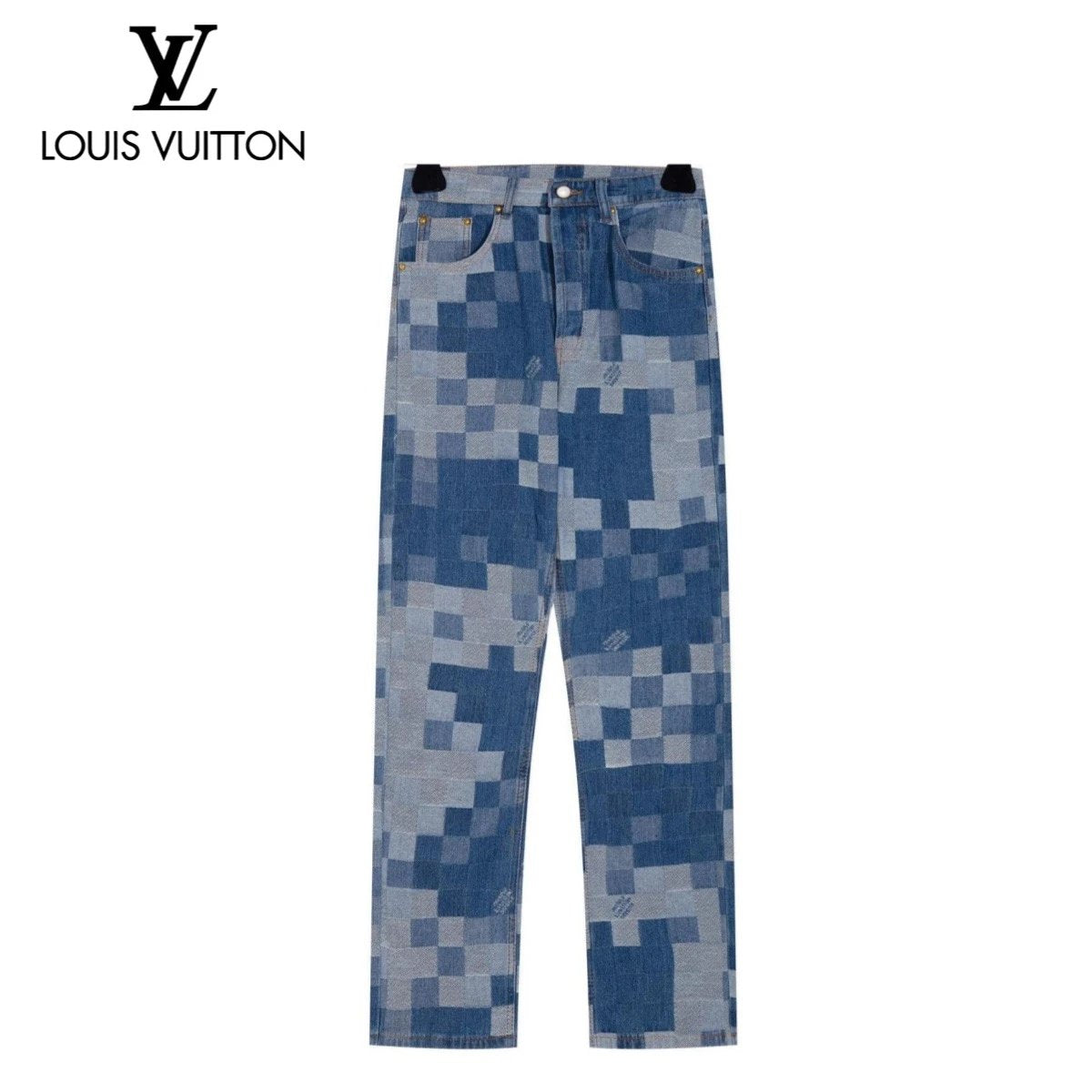 Louis Vuitton LV Jeans Gradient Checkerboard Pattern logo25ss Spring Summer New Straight Loose Slim Fit Jeans Unisex Long Pants