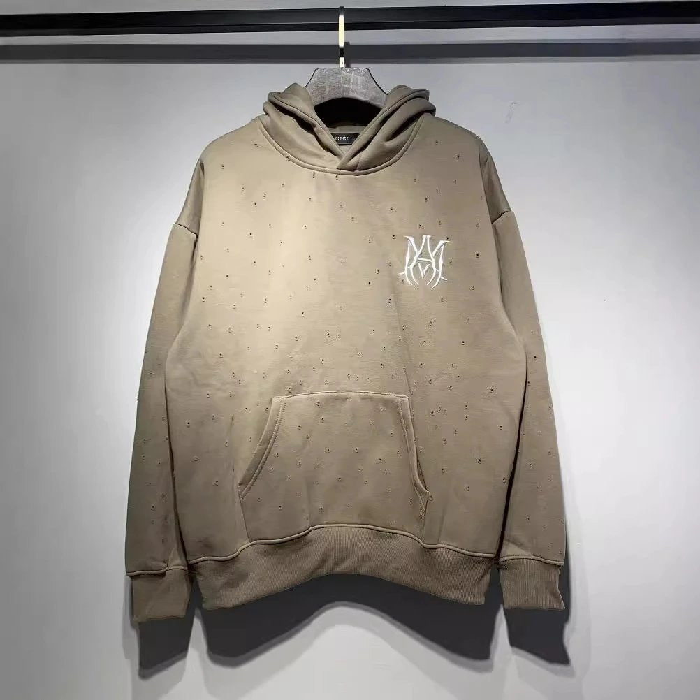 Amiri Hoodie 2024Autumn and Winter New Ripped Embroidered Letters Velvet Padded Hooded Sweatshirt Same Style for Men and Women