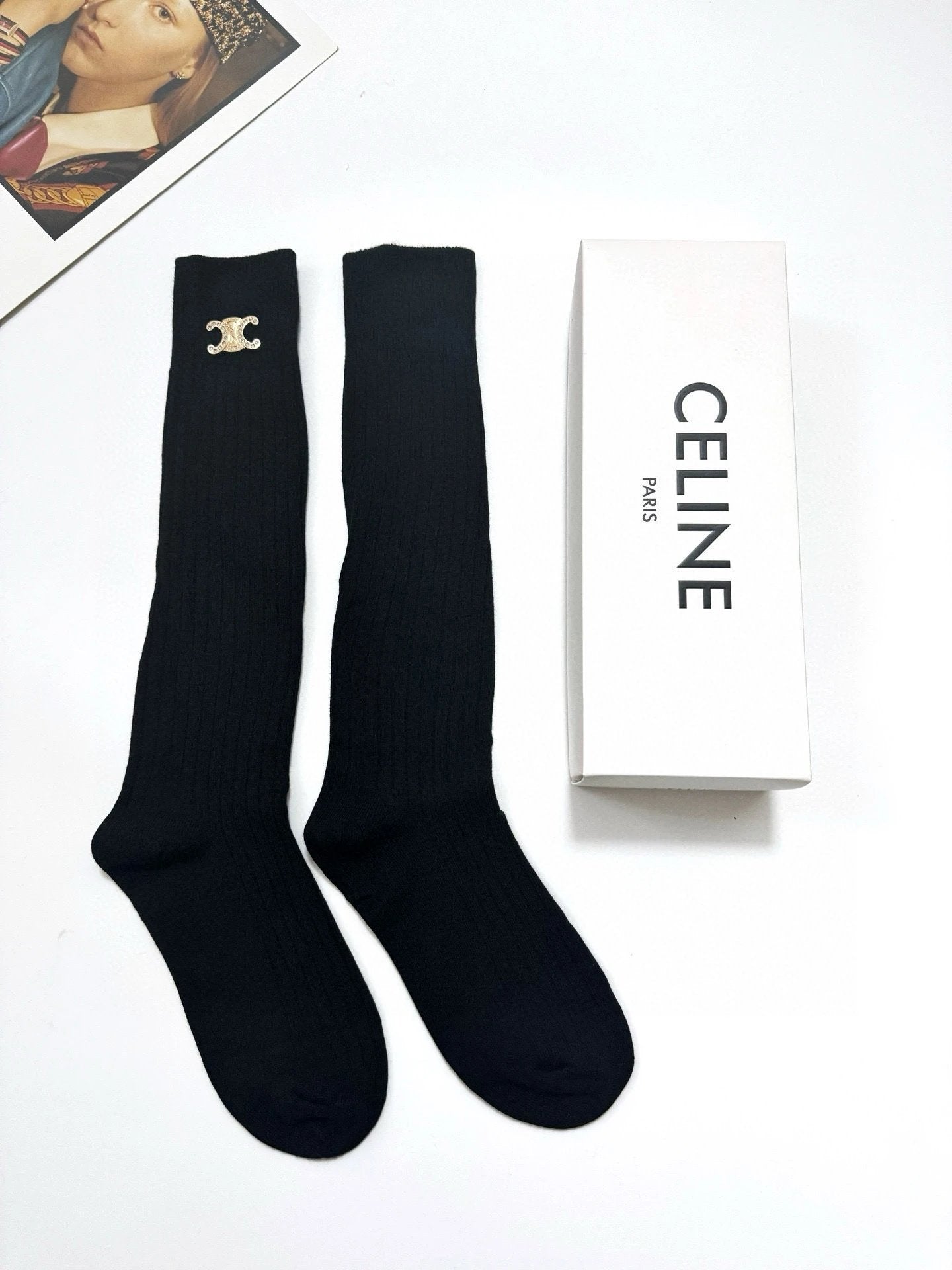 Celine Sock 【One box, one pair】Classic Letters logo Breathable and Stylish Pure Cotton Knee-High Socks25ss New Cotton Socks Spring Summer Autumn Thin Business Sports Casual Versatile Deodorant Sweat-Absorbing
