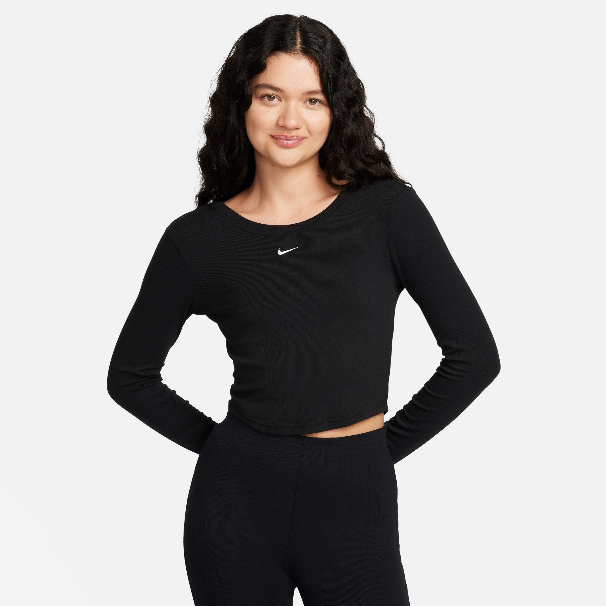 Nike Women's New Bottoming Shirt Tight round Neck Low Back Fine Rib Leisure Sports Long Sleeve T T-shirt FN3662