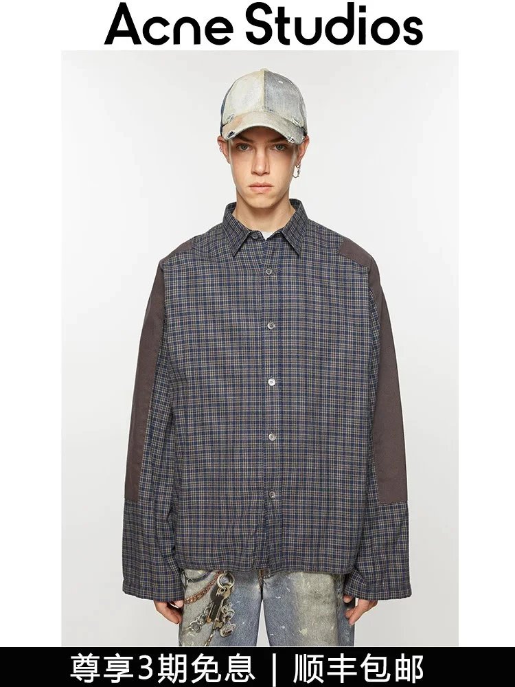 Acne Studios Shirt Top Version Organic Cotton Plaid Contrast Color Patch Stitching Sleeves Casual Loose Flannel Long Sleeve Shirt