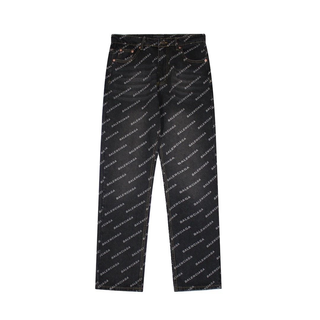 Balenciaga Jeans Letters logo Bullet Screen Full Print Denim Jeans Autumn Winter New Unisex Loose Casual Wide Leg High Waist Pants