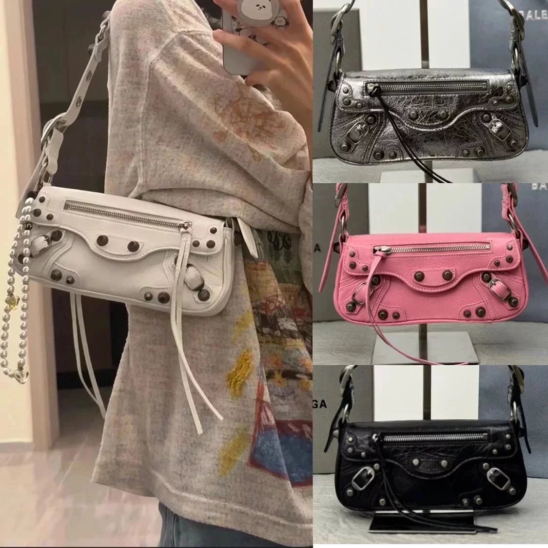 Balenciaga Bag Top version Ceiling Original Leather2023New Winter Products SpringLecagole Series slingbag Baguette Bag Underarm Bag Motorcycle Bag Women's One Shoulder Handbag