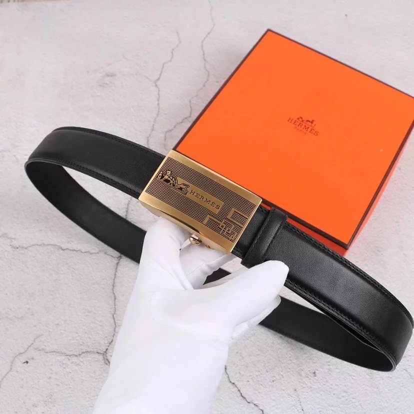 Hermes Belt Top version Exclusive Real Shot High Quality Double-Sided Imported First Layer Cowhide Belt Men's Belt Genuine Leather Stainless Steel Automatic Buckle3.5Centimeter Wide