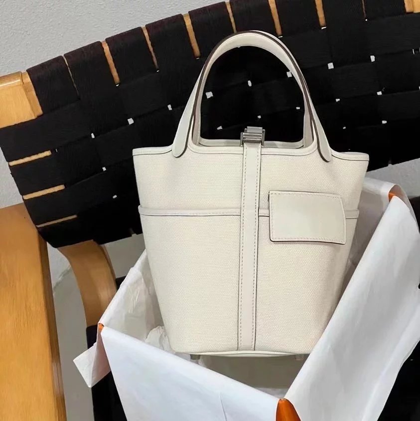 Hermes women's bag Top version H Home Food Basket cargo Bucket Bag nata Cream White Sesame Color Small Bucket picoton18cm Canvas Stitching swift Leather Counter New Hand Sewing