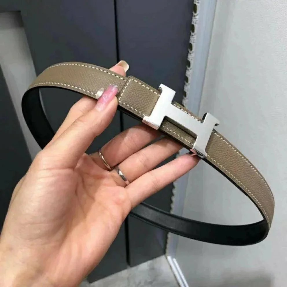 Hermes Belt Top version High Quality Women's Belt First Layer Calfskin Double-Sided Letters h Buckle Casual All-Match Belt2.4cm
