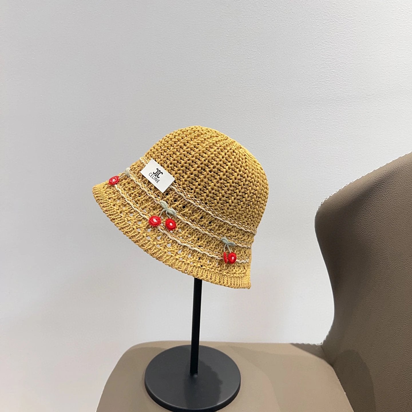 Celine Hat Cherry decoration logo Fisherman Hat Casual Sun Protection Outdoor Versatile UV Protection Plain Face Covering Sun Hat Flat Top Bucket Hat