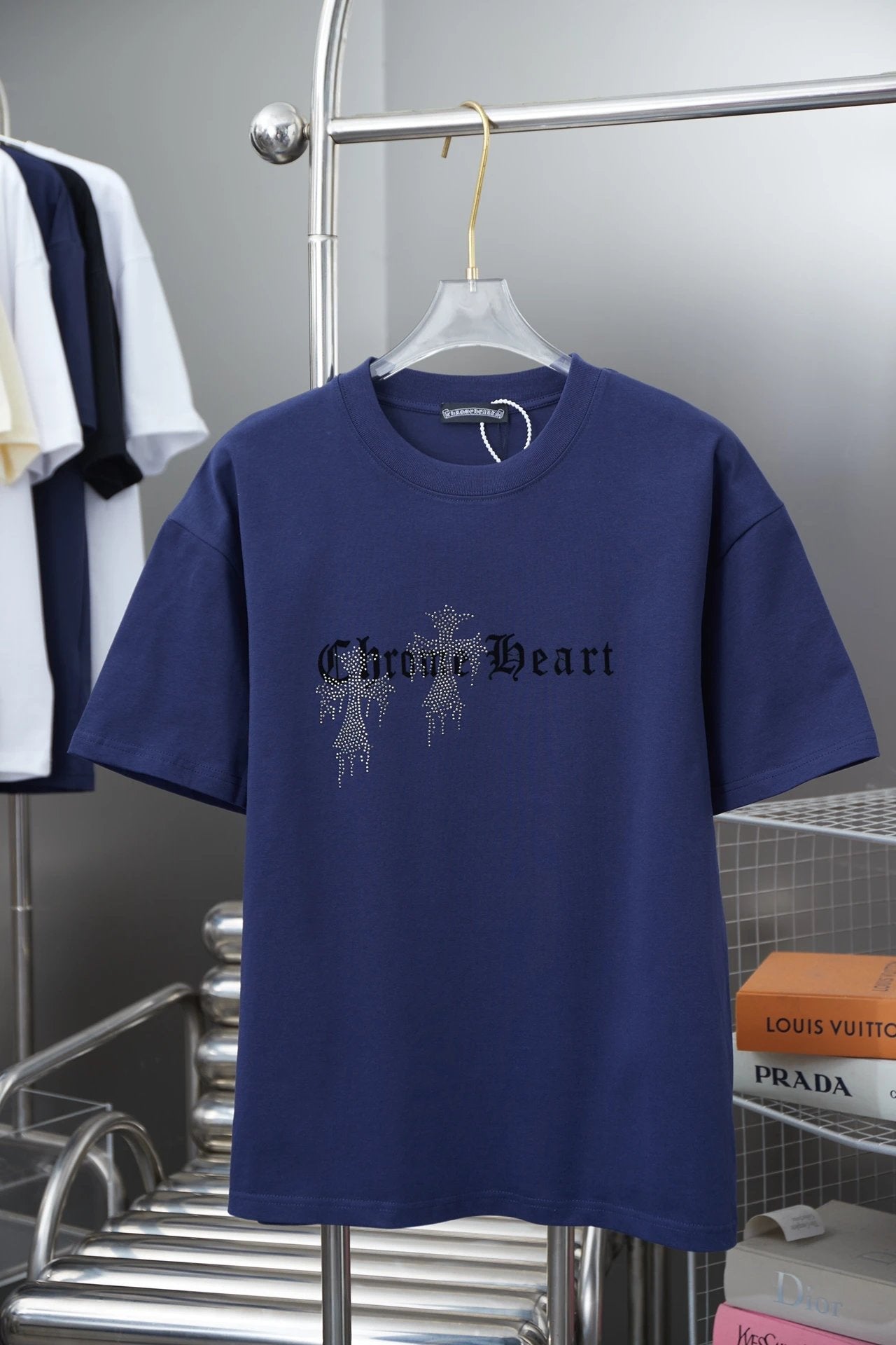 Chrome Hearts T-shirt Early Spring New Style Horseshoe Flocking Print Rhinestone Round Neck Short Sleeve Pure Cotton Unisex T T-shirt OS Loose Fit Base Shirt Short Sleeve Top T-Shirt