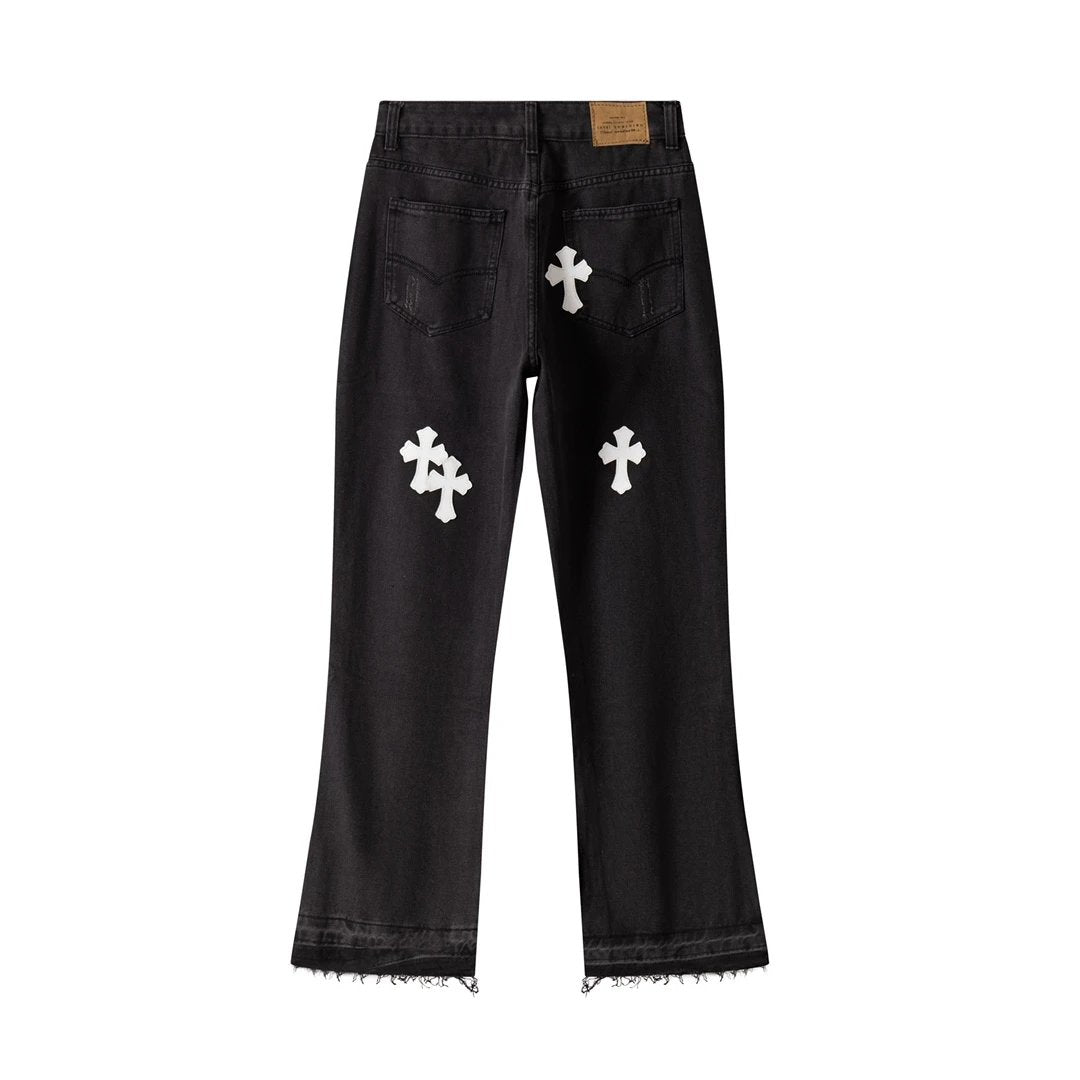 Chrome Hearts Jeans Patchwork Black Jeans Autumn Winter New Unisex Straight Long Pants Loose Casual Wide Leg High Waist