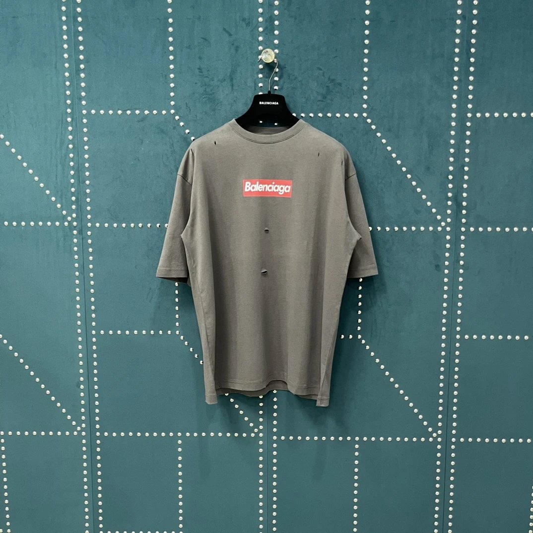 Balenciaga T-shirt Ripped Chest Letter Print logo round Neck Short Sleeve25ss New Pure Cotton Unisex Style T T-shirt OS Loose Fit Base Shirt Top Half Sleeve T-Shirt
