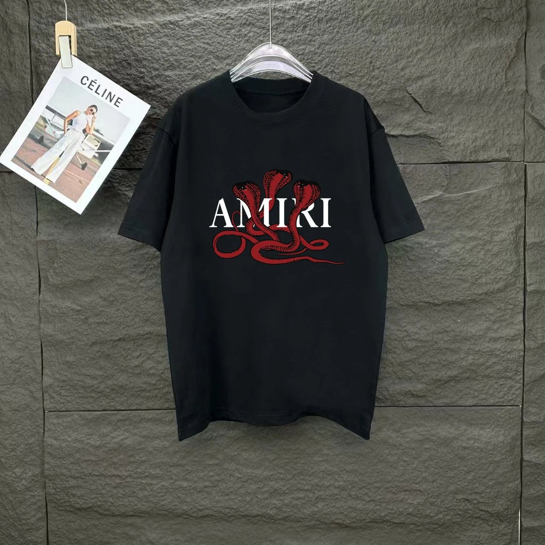 Amiri T-shirt Snake Pattern Print on the Chest logo round Neck Short Sleeve25ss New Pure Cotton Unisex Style T T-shirt OS Loose Fit Base Shirt Top Half Sleeve T-Shirt