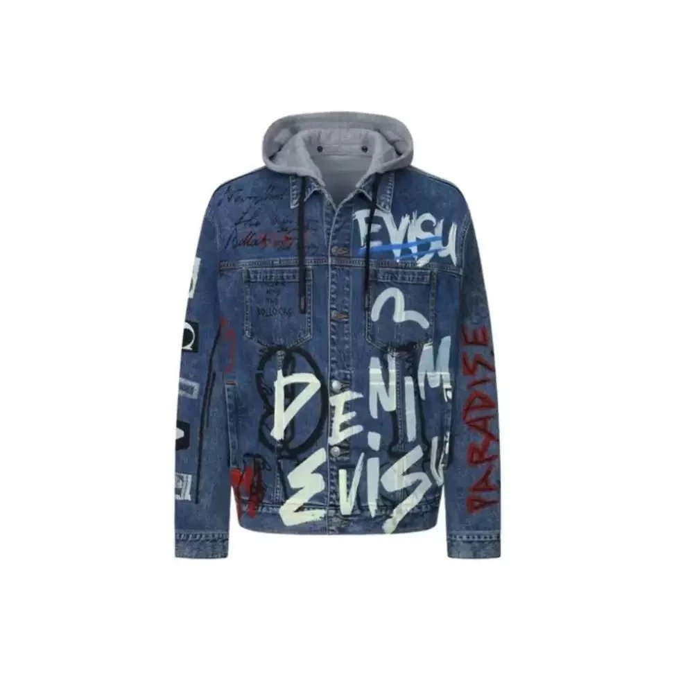 Evisu Jackets Top Version Autumn Graffiti Buddha Head Printing Denim Jacket Coat Men and Women Couple Loose Casual Denim
