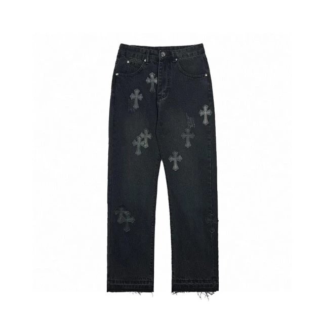 Chrome Hearts Jeans Top Version Straight Cross Jeans Women Retro Leisure Washed-out High Waist Wide Leg Pants