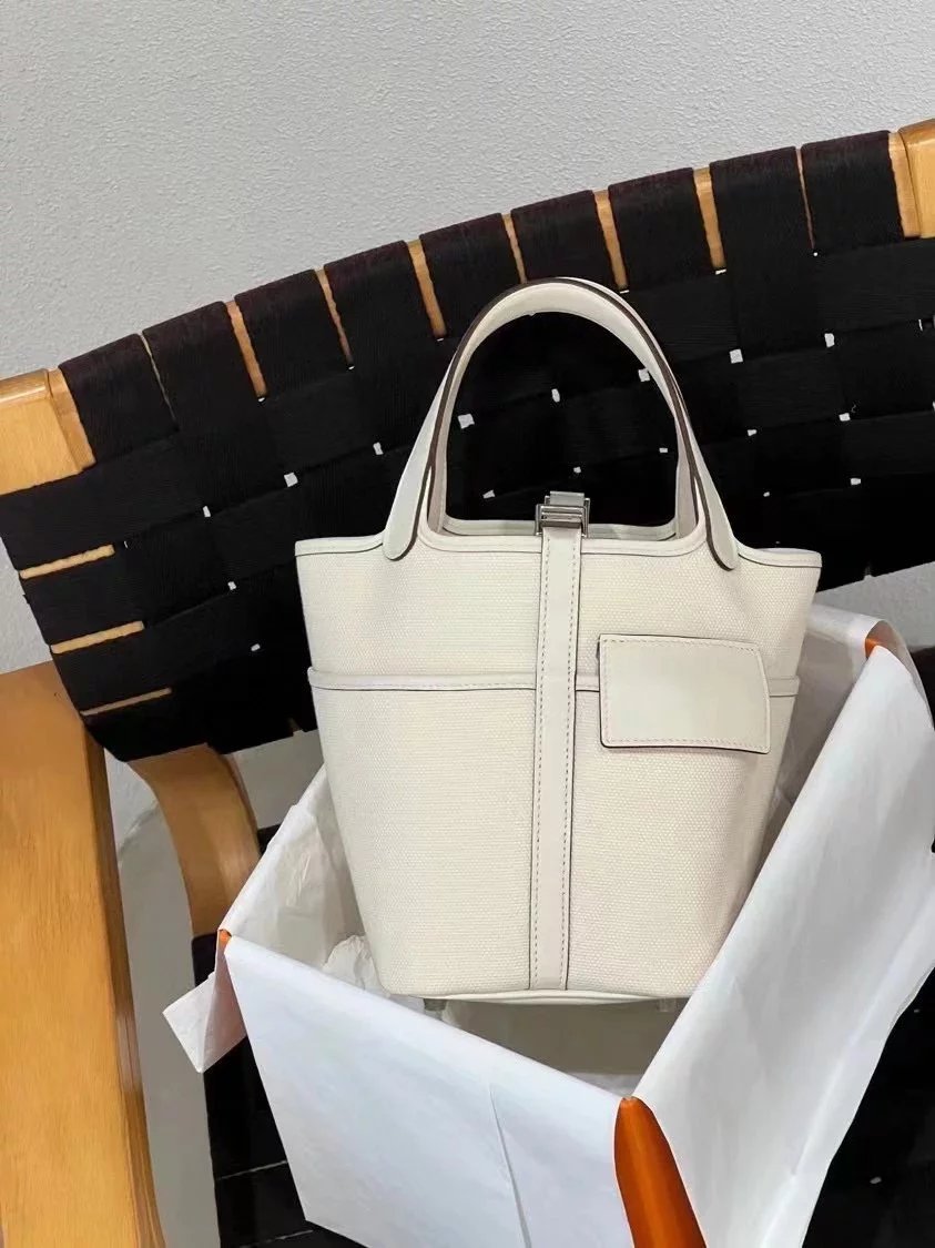 Hermes women's bag Top version H Home Food Basket cargo Bucket Bag nata Cream White Sesame Color Small Bucket picoton18cm Canvas Stitching swift Leather Counter New Hand Sewing
