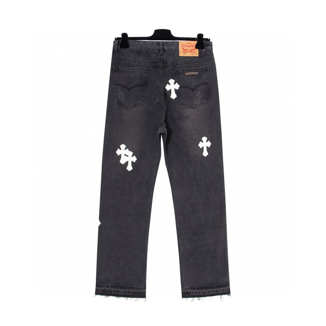 Chrome Hearts Jeans Front and back white cross-stitched leather logo25ss Spring Summer New Straight Slim Fit Jeans Unisex Loose Fit Long Pants