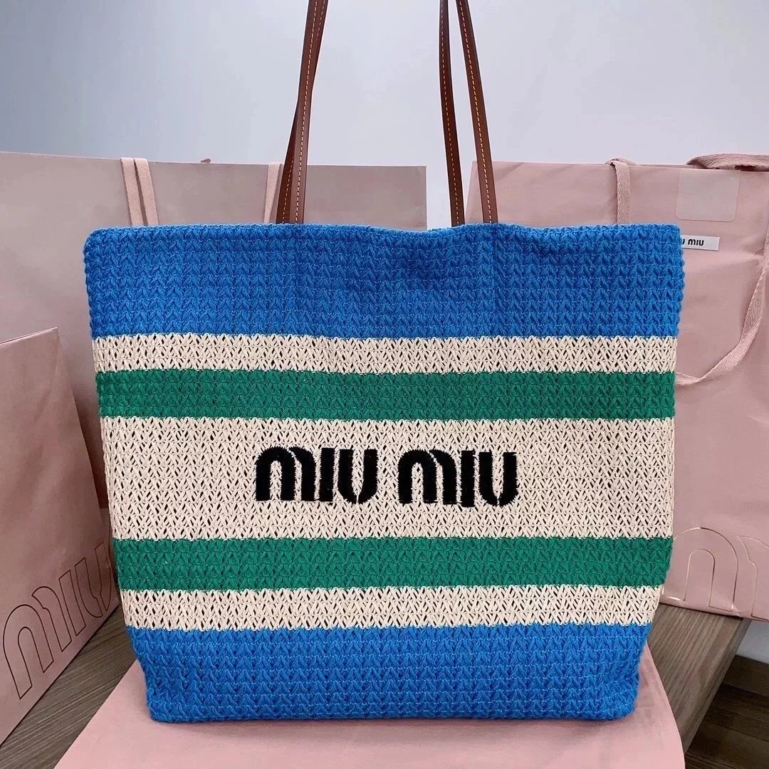 Miu Miu Bag Top version 【Original Custom】New Product Import Lafite Straw Woven Cotton Woven Tote Bag Beach Bag Shopping Bag Mother Bag Woven Bag5BG228The Only Pair of Quality Front Iconic Embroidery in the Market,Extra Light Capacity Super Large Mummy Bag