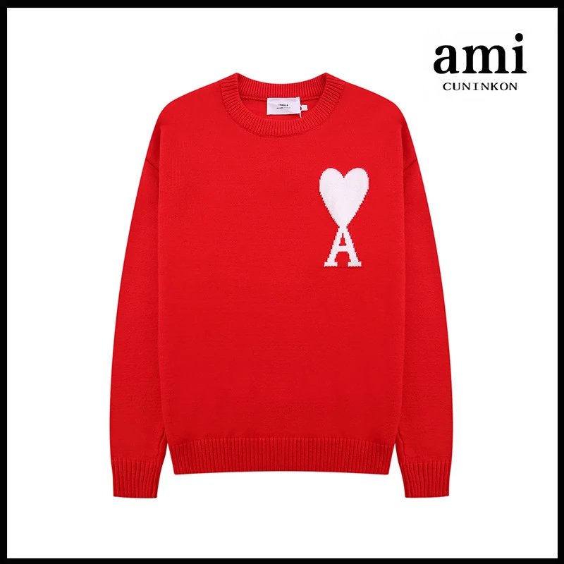 Ami Sweater Knitwear Classic round Neck Big Heart Jacquard Pullover Sweater Loose and Idle Sense Casual Couple Outfit-CY
