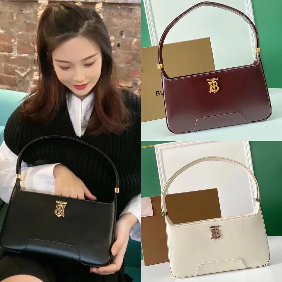 Burberry Women's Bag Top version 2022New Autumn and Winter Women's Bags Underarm Bag TB Black Caramel Leather Handbag Shoulder Bag Women's Bag