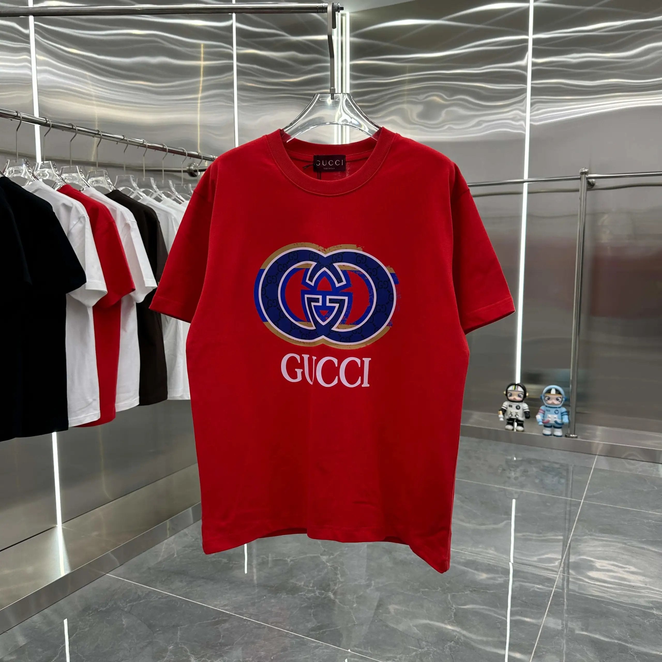 Gucci T-shirt Double Button Front Personality Print Round Neck Short Sleeve25ss New Pure Cotton Unisex Style T T-shirt OS Loose Fit Base Shirt Short Sleeve Top T-Shirt